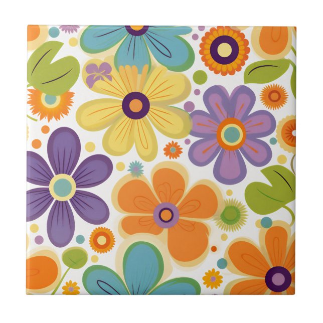 Retro Flowers Orange Lilac and Green Ceramic Tile (Front)