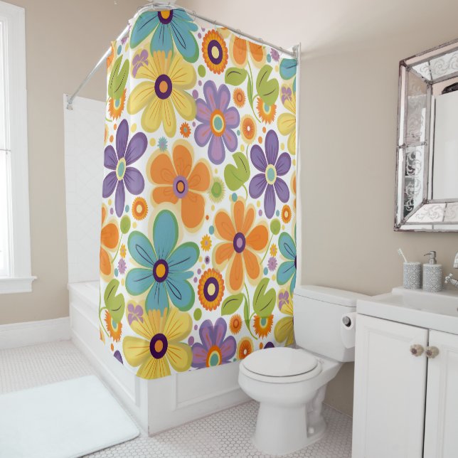 Retro Flowers Orange Lilac and Green Shower Curtain (In Situ)