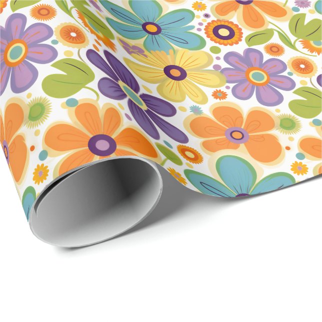 Retro Flowers Orange Lilac and Green Wrapping Paper (Roll Corner)