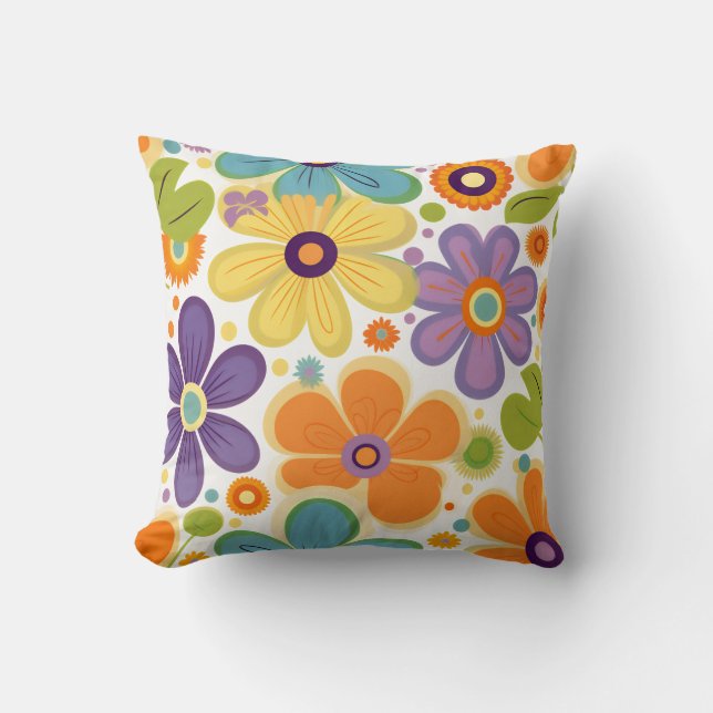 Retro Flowers Orange Lilac Green Cushion (Front)