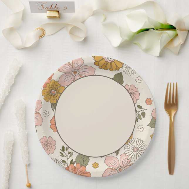 Retro Flowers Paper Plate (Wedding)