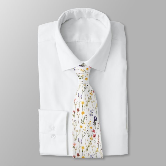 Retro Flowers Pattern Cottagecore Wildflowers Tie (Tied)