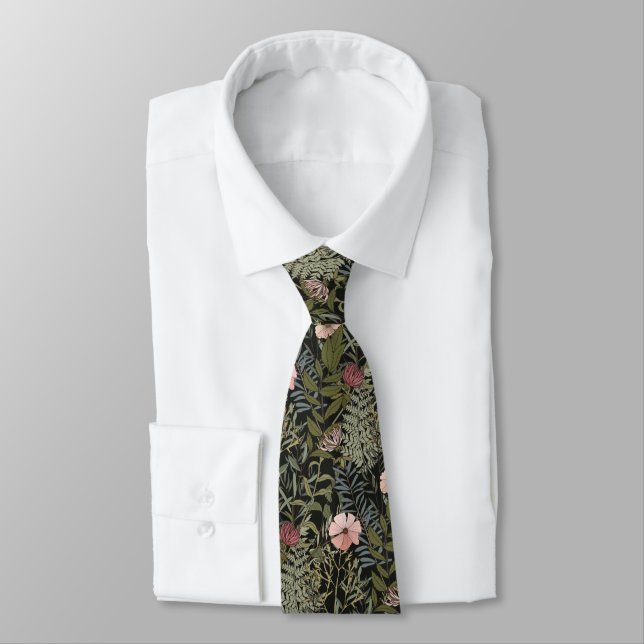 Retro Flowers Pattern Dark Leaves And Flowers Tie (Tied)