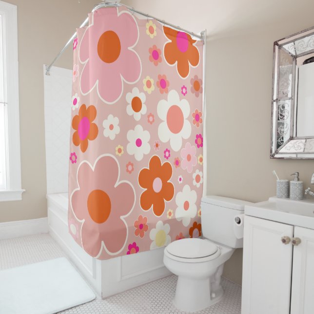 Retro Flowers Peach Blush Pink Orange Floral Shower Curtain (In Situ)