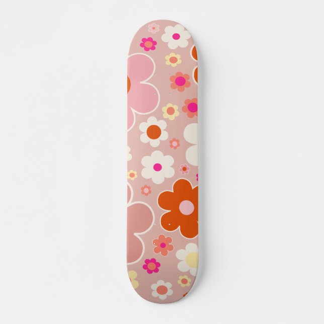 Retro Flowers Peach Blush Pink Orange Floral Skateboard (Front)
