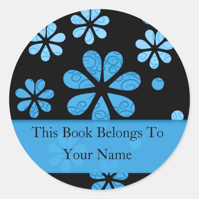 Retro Flowers Personalised Bookplates : Blue Classic Round Sticker (Front)