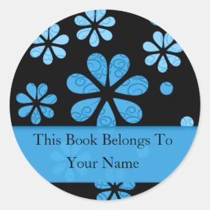 Retro Flowers Personalised Bookplates : Blue Classic Round Sticker