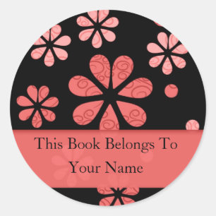 Retro Flowers Personalised Bookplates : Red Classic Round Sticker