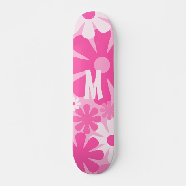 Retro Flowers Pink Pattern with Initial  Skateboard (Front)