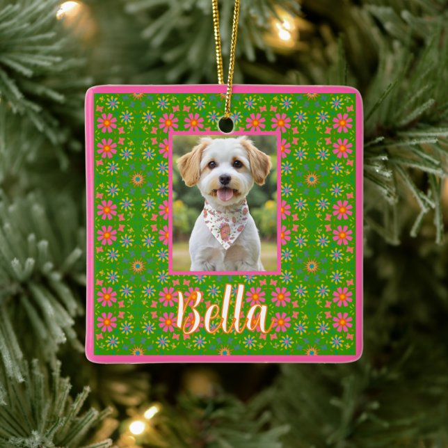 Retro Flowers Pink Yellow Blue Orange Butterflies  Ceramic Ornament (Tree)