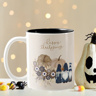 Retro Flowers Pumpkins Denim Gnomes Thanksgiving Two-Tone Coffee Mug