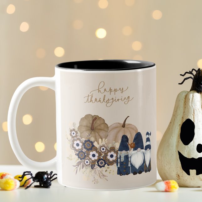 Retro Flowers Pumpkins Denim Gnomes Thanksgiving Two-Tone Coffee Mug (Creator Uploaded)