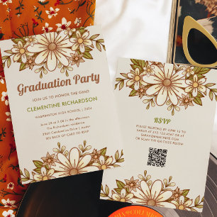 Retro Flowers QR Code 2024 Graduation Party Invitation