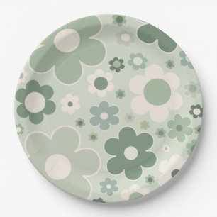 Retro Flowers Sage Green Abstract Floral Paper Plate