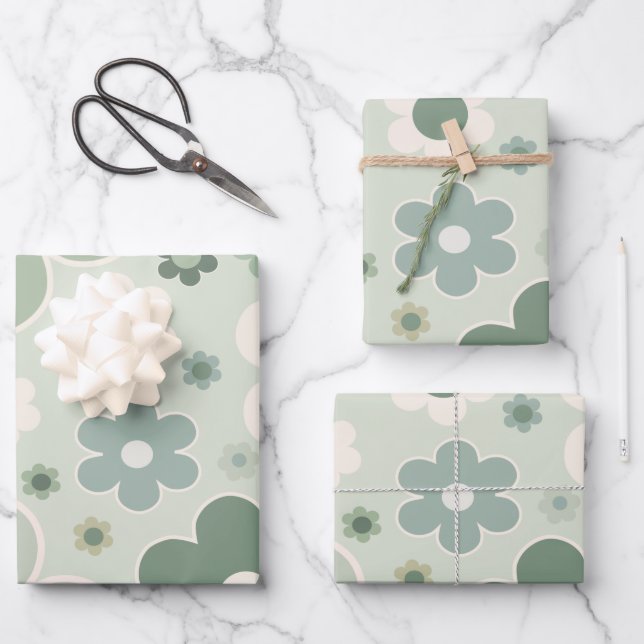 Retro Flowers Sage Green Abstract Floral Wrapping Paper Sheet (Front)