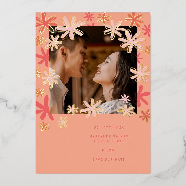 RETRO FLOWERS SAVE THE DATE FOIL INVITATION (Front)