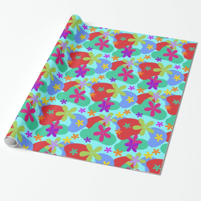 Retro Flowers seamless pattern coloured Wrapping Paper (Unrolled)