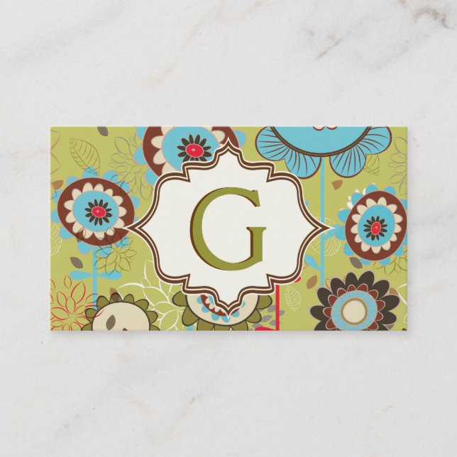 Retro flowers turquoise blue brown floral pattern business card (Front)