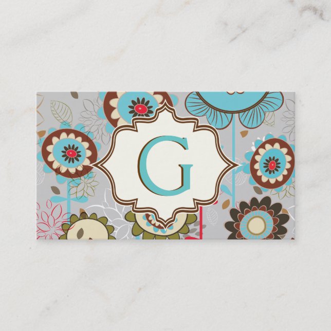 Retro flowers turquoise blue brown floral pattern business card (Front)