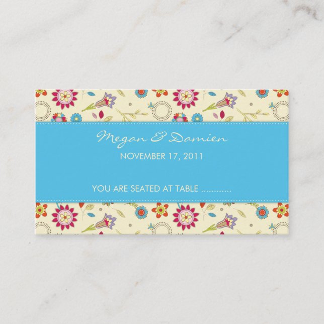 Retro Flowers · Turquoise · Guest Seating Card (Front)