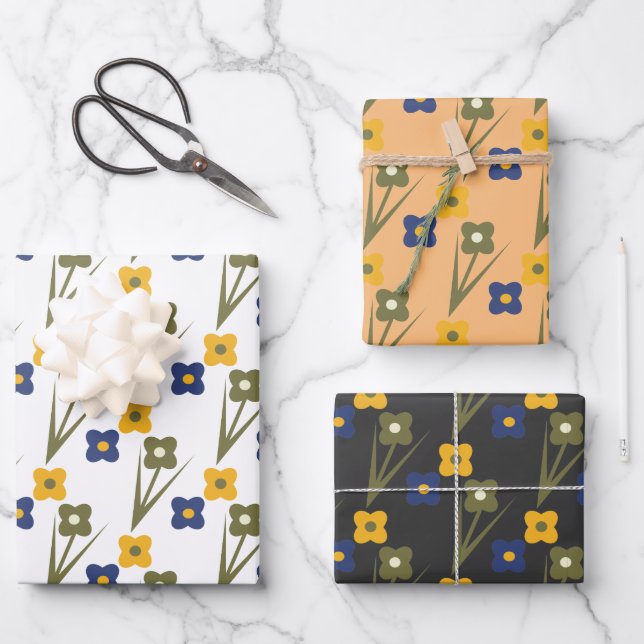 Retro Flowers Yellow Blue Garden Pattern Wrapping Paper Sheet (Front)