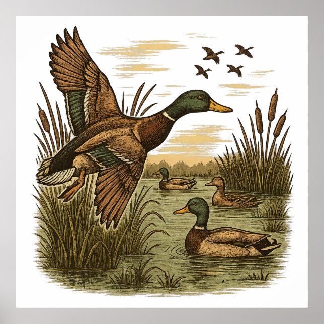 Retro-Flying-Mallard-Duck-Hunting Poster (Front)
