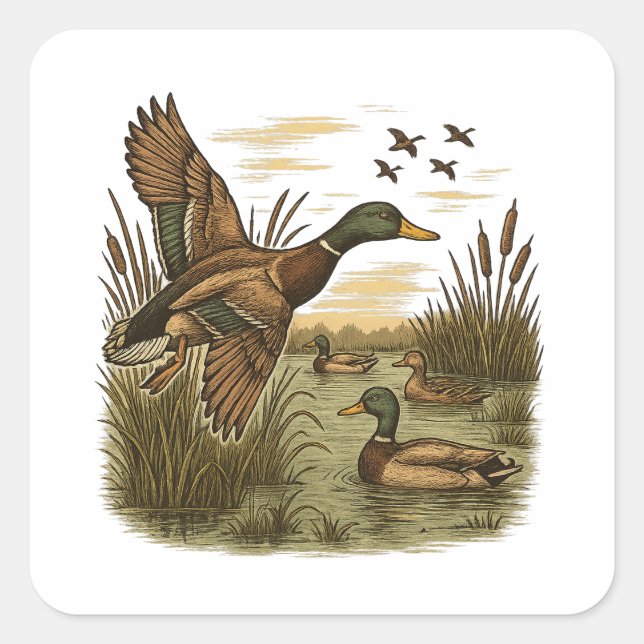 Retro-Flying-Mallard-Duck-Hunting Square Sticker (Front)