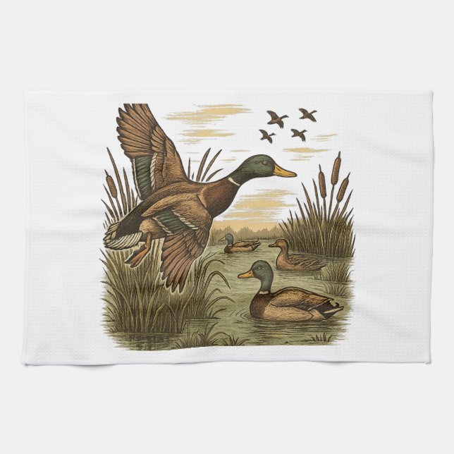 Retro-Flying-Mallard-Duck-Hunting Tea Towel (Horizontal)