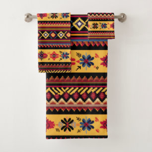 Retro Folk Art Design Cheerful Flowers Bath Towel Set