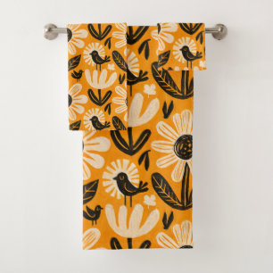 Retro Folk Art Floral and Bird Pattern Bath Towel Set