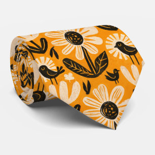 Retro Folk Art Floral and Bird Pattern Tie