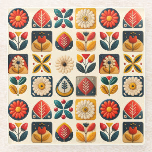 Retro Folk Art Floral Mosaic Design Glass Coaster