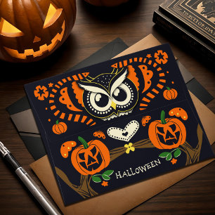 Retro Folk Art Halloween Black Orange Owl Face Envelope