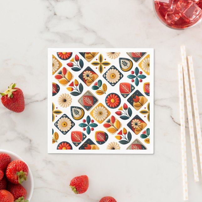 Retro Folk Floral Mosaic Charm Napkin (Insitu)