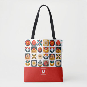 Retro Folk Floral Pattern Monogram Tote Bag