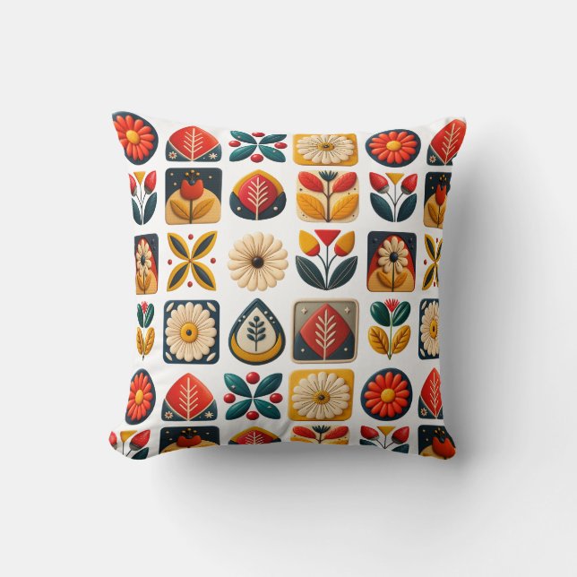 Retro Folk Floral Pattern with Vibrant Colours Cushion (Front)