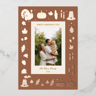Retro Folk Thanksgiving Icons Family Photo Foil Holiday Card