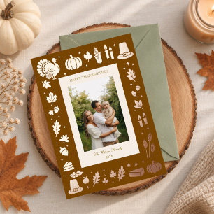 Retro Folk Thanksgiving Icons Family Photo Foil Holiday Card