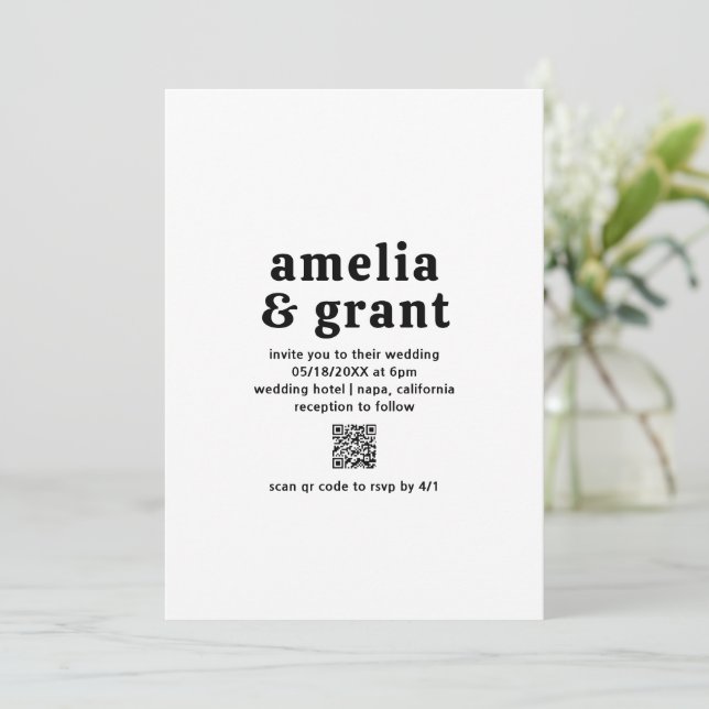 Retro Font Black and White QR Code Modern Wedding Invitation (Standing Front)