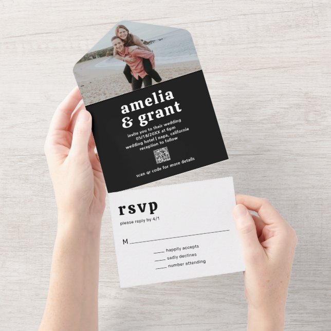 Retro Font Black QR Code Photo Modern Wedding All In One Invitation (Tearaway)