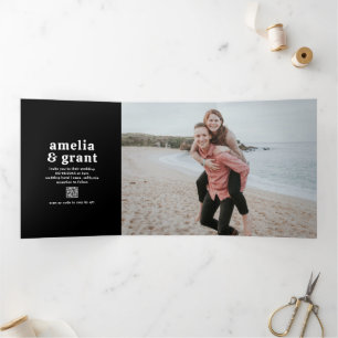 Retro Font Black QR Code Photo Modern Wedding Tri-Fold Invitation