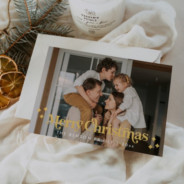 Retro Font Modern Family Photo  Foil Holiday Card (Creator Uploaded)