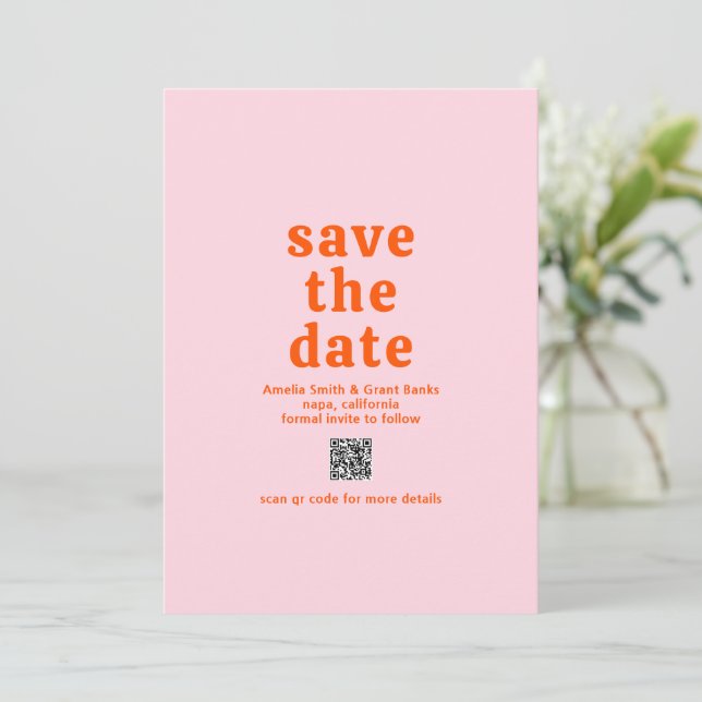 Retro Font Orange and Pink QR Code Modern Wedding Save The Date (Standing Front)