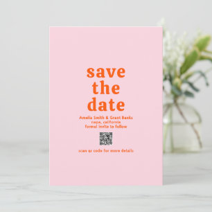 Retro Font Orange and Pink QR Code Modern Wedding Save The Date