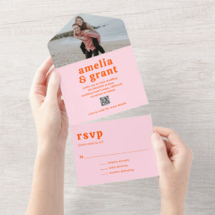 Retro Font Orange and Pink QR Code Photo Wedding All In One Invitation