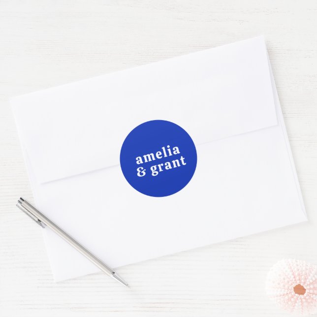 Retro Font Royal Blue Modern Wedding Classic Round Sticker (Envelope)