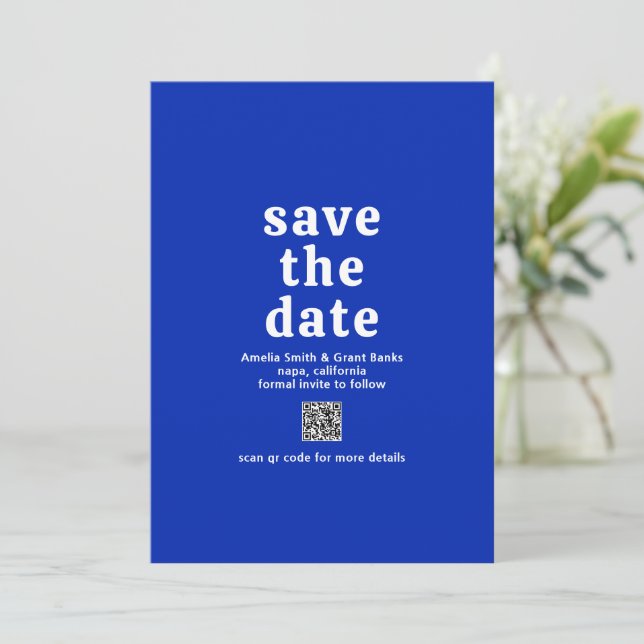 Retro Font Royal Blue QR Code Modern Wedding Save The Date (Standing Front)