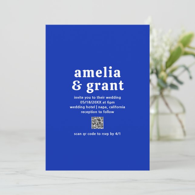 Retro Font Sapphire Blue QR Code Modern Wedding Invitation (Standing Front)