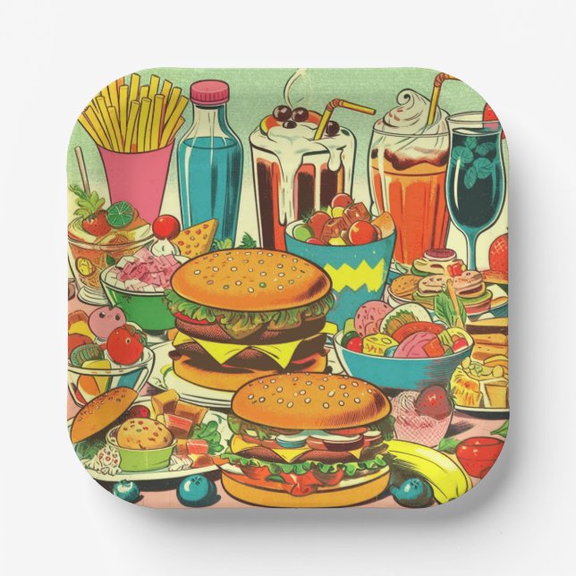 Retro Food Comic Illustration Paper Plate (Front)