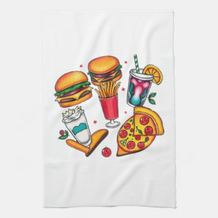 Retro Food Icons – Burgers, Fries, Milkshakes  Tea Towel